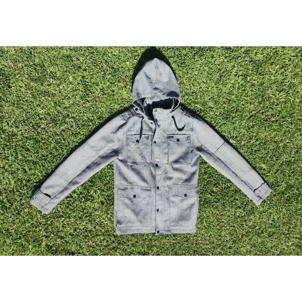 Empyre Coat Size Large Parka Jacket Pockets, Gray, Hooded Zipper Button Military